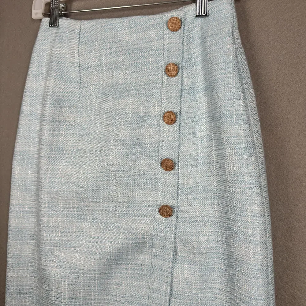 Love Bonito Light Blue Button-Front‎ Bevelyn Textured Column Midi Skirt Sz 4